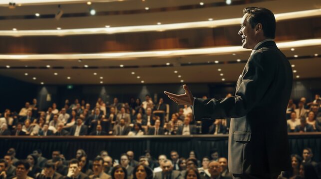 Business man representing business leader giving a motivational speech to a large audience of business professionals sharing insights on leadership and innovation in a grand conference hall