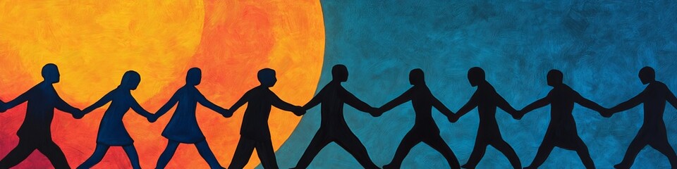 Silhouetted figures of diverse genders holding hands against a vibrant sunset backdrop,perfect for cover banner or header