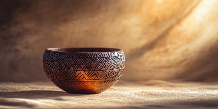 Handcrafted african wooden bowl with intricate patterns in warm light