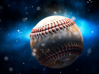 Baseball surrounded by diamond particles with blue flare lighting in a 3D illustration