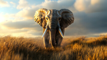 Fototapeta premium An elephant standing tall on a grassy plain, its tusks sharp and its stance majestic, reflecting calm strength in the wild.