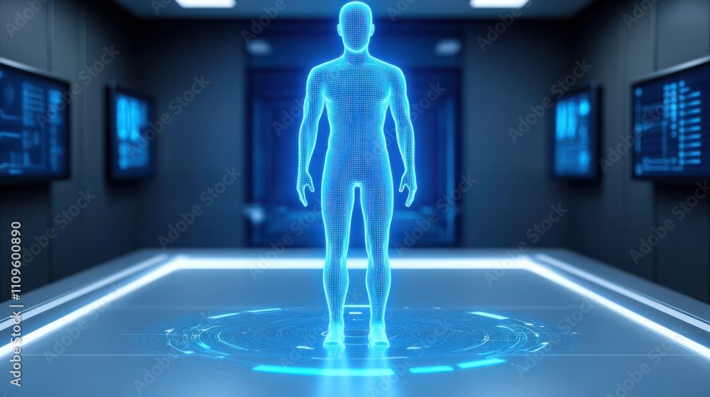 Aufkleber futuristic digital human hologram in modern laboratory with tech interfaces and data screens present