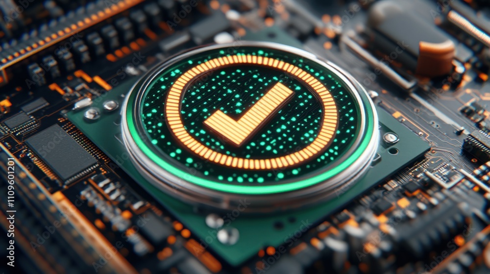 Poster digital technology concept featuring a bright green check mark symbol on a circuit board background 