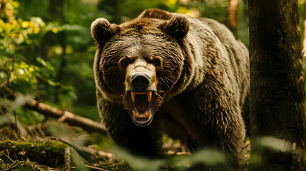 A grizzly bear roaring in broad daylight in a forest clearing, asserting its authority with a powerful and menacing presence.