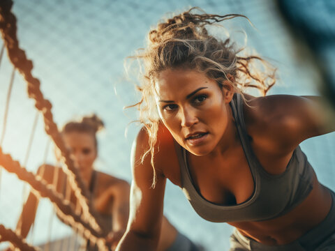 Two fit women tackling a net climb in a boot camp obstacle course