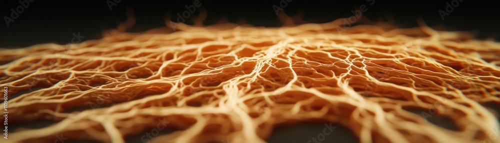 Poster intricate pattern of organic fibers with vibrant orange and brown tones on a dark background represe