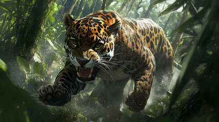 A jaguar moving swiftly through a jungle, its body tense and poised for attack, radiating raw strength and precision.