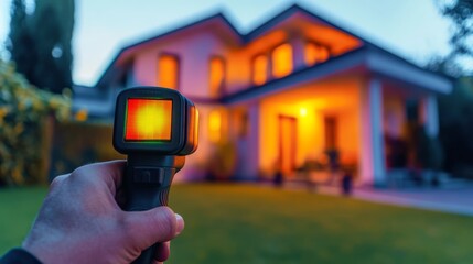 The houses exterior is analyzed with advanced thermal imaging, revealing vivid temperature variations amid warm evening light, creating a striking visual effect that captivates observers