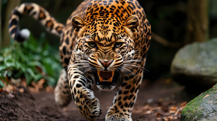 A jaguar sprinting in attack mode through a dense forest, its mouth open in a snarl, displaying raw speed and ferocity.