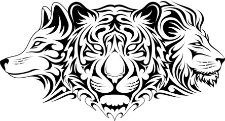 Animal set in one tattoo drawing including Wolf Tiger and Lion