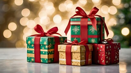 Stack of Colorful Christmas Gift Boxes with Holiday Lights
