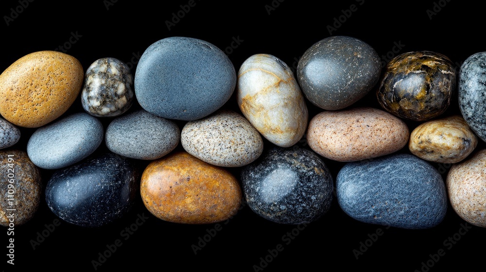 Poster a collection of smooth river stones displaying various natural colors and textures arranged on a sol