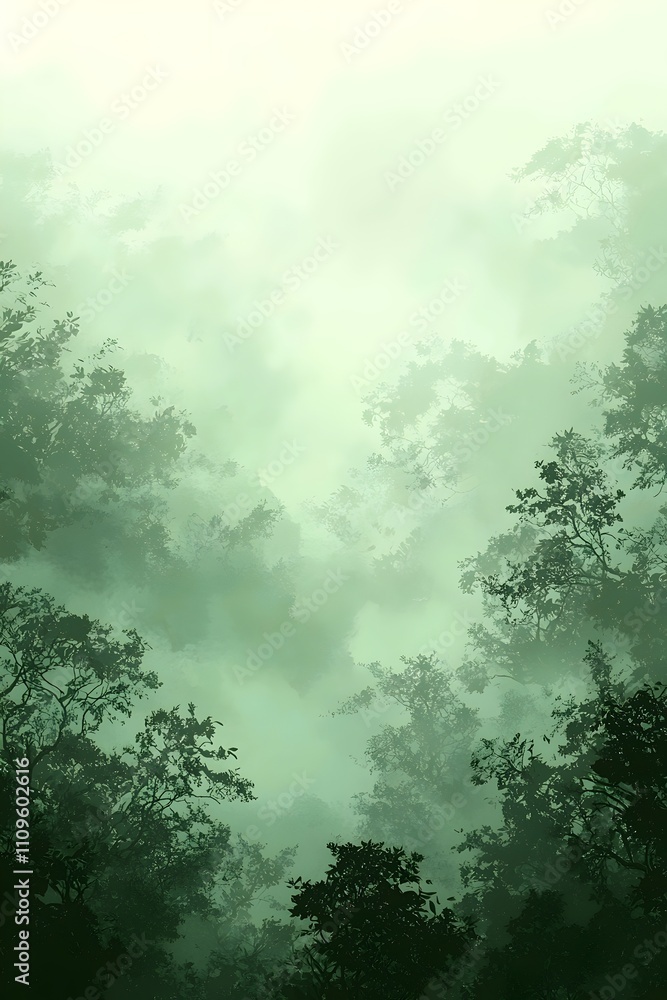 Poster a tranquil misty forest scene with dense greenery and soft fog enveloping the trees, creating a sere