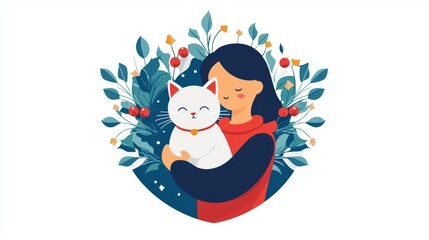 Woman cuddling a white cat with flowers background.