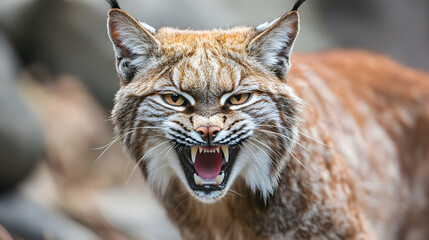 Obraz premium A snarling lynx stalking its prey, its sharp fangs bared and its body low, showcasing stealth and focus in the wilderness.