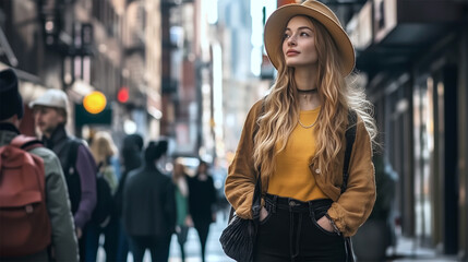 Obraz premium Urban boho fashion portrait of a stylish woman in a hat on Manhattan street. 