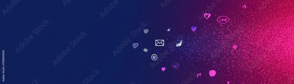 Poster abstract digital background with floating social media icons, email symbols, and colorful particles 
