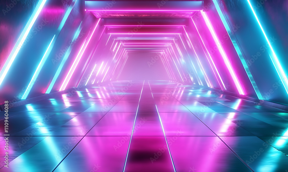 Poster a futuristic neon tunnel with glowing pink and blue lights, creating a vibrant and otherworldly scen