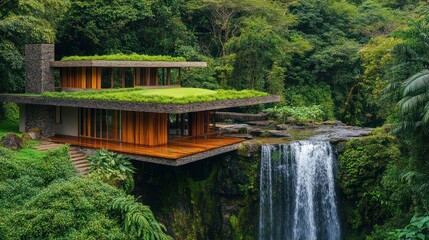 A sustainable minimalist house with a green grass roof, located on the edge of a busy forest with a nearby waterfall, background wallpaper AI generated image