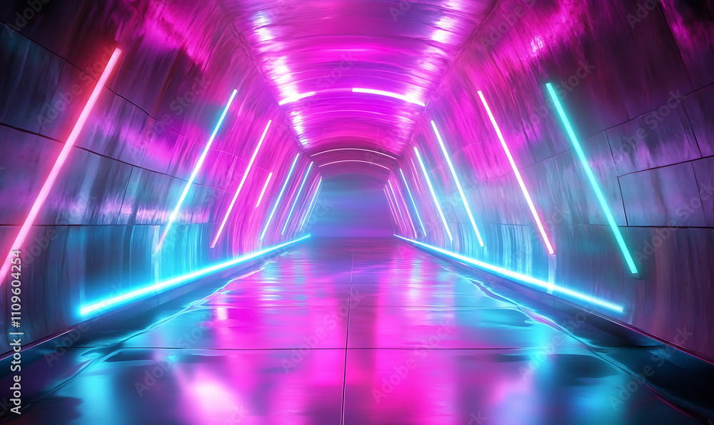 Poster a futuristic neon tunnel with glowing pink and blue lights, creating a vibrant and otherworldly scen
