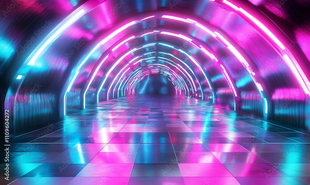 Poster a futuristic neon tunnel with glowing pink and blue lights, creating a vibrant and otherworldly scen