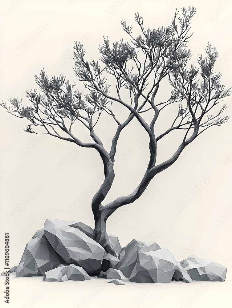 Poster a stylized, monochromatic illustration of a twisted tree standing among abstract rocks, creating a s