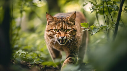 Obraz premium A snarling feral cat in the wilderness, with its sharp claws and intense eyes, exuding a mix of aggression and survival instincts.