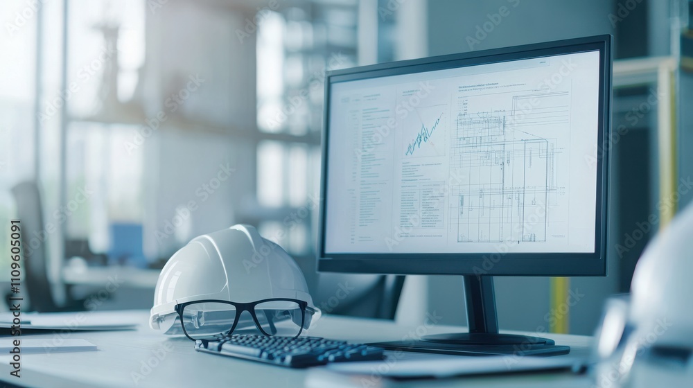 Poster a modern workspace featuring a computer displaying technical drawings, with a hard hat and glasses o
