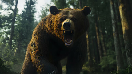 Fototapeta premium A growling bear in a foggy forest, exuding aggression and dominance.