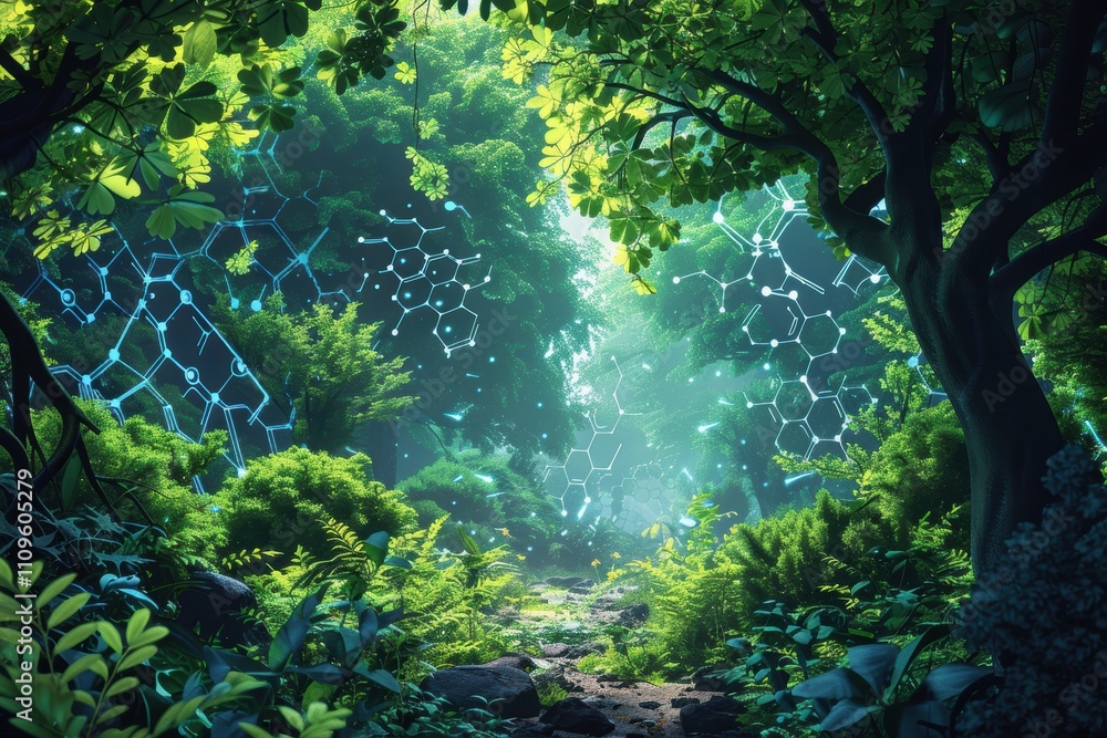 Poster a vibrant forest scene with molecular patterns, blending nature and science.