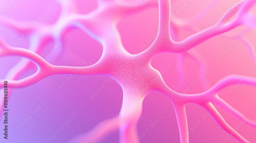 Poster close-up view of a colorful abstract neuron structure with a pink and purple gradient background, id