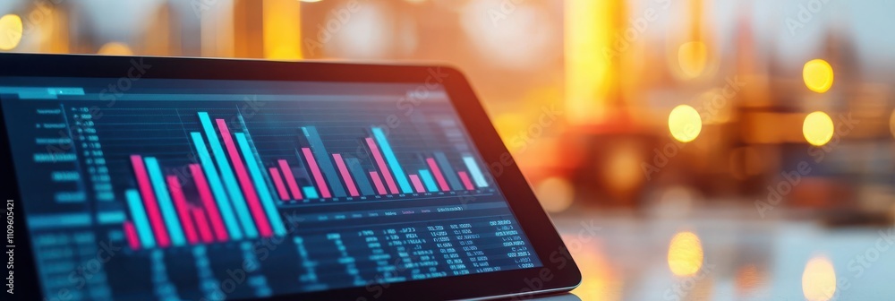 Aufkleber a sleek tablet displays colorful data visualizations, with vibrant bar graphs against a blurred back