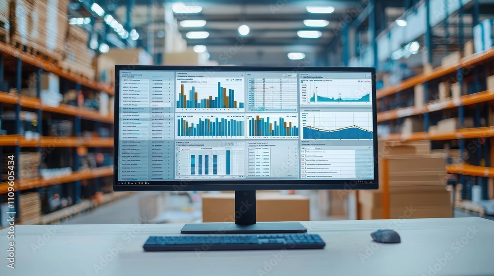 Aufkleber a modern monitor displays data analytics in a warehouse, showcasing various graphs and charts amidst