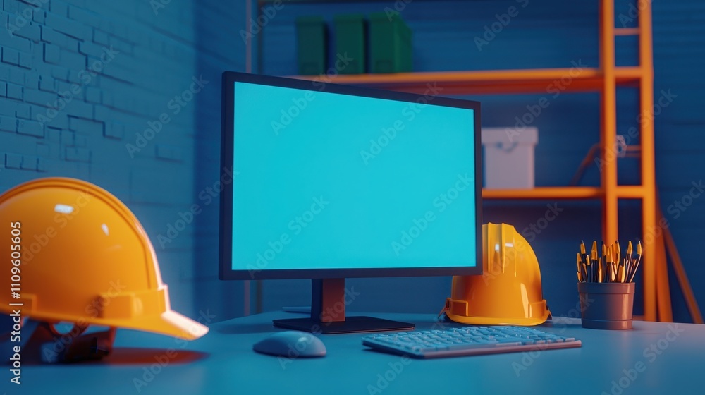 Poster a modern workspace featuring a computer monitor, construction helmets, and a tidy desk, emphasizing 