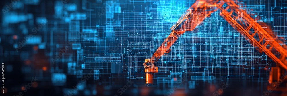 Poster a robotic arm is depicted against a digital background, symbolizing advanced technology and automati