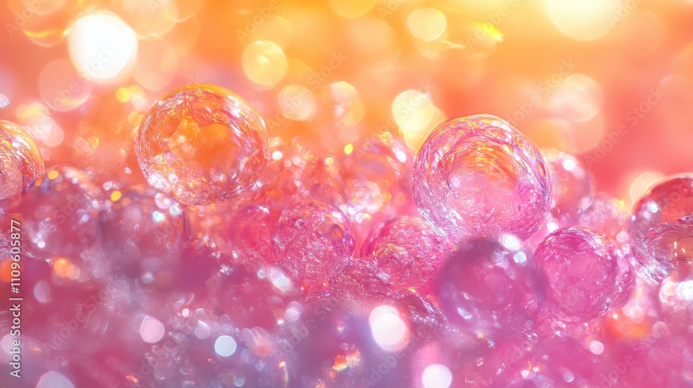 Poster captivating close-up of colorful soap bubbles on a sparkling surface with soft light creating a drea