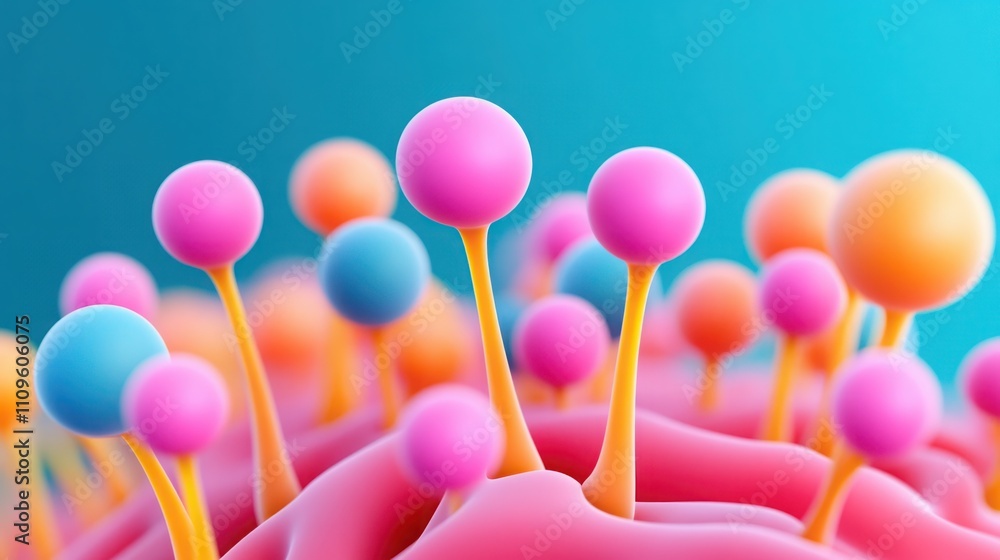 Poster abstract close-up of colorful microorganisms with vibrant pink and blue structures on a soft backgro