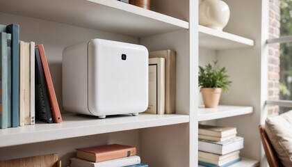 Compact Air Purifier on a Minimalist Bookshelf for Home Wellness