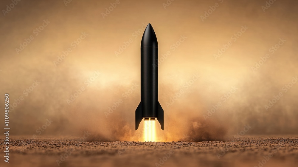 Poster powerful rocket launching into the skies with fiery thrusters and dramatic background creating an ex