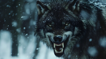 A black wolf snarling in the snow, its menacing expression and sharp teeth highlighting its predatory instincts.   © waqas