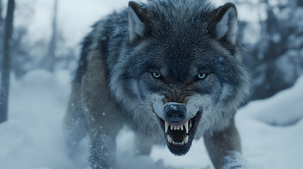 Fototapeta premium A wolf growling with its sharp teeth exposed, standing against a snowy backdrop, asserting its dominance in the cold wilderness.