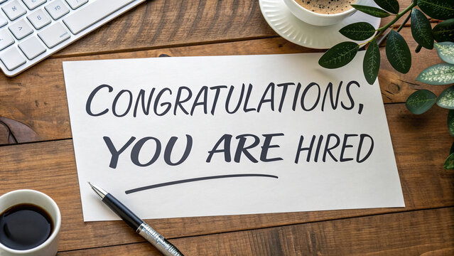 Close-up of a congratulatory note reading "Congratulations, You Are Hired" on a wooden desk surrounded by coffee, plants, and stationery.
