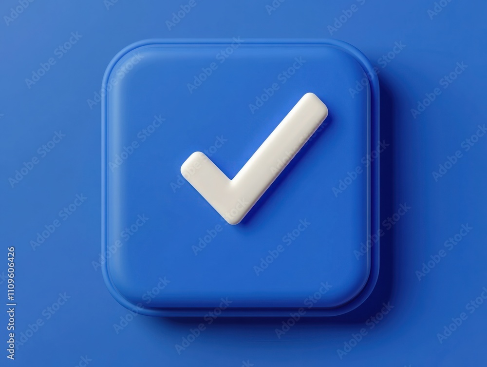 Poster bright blue background with 3d white checkmark button symbolizing success, completion, approval, or 