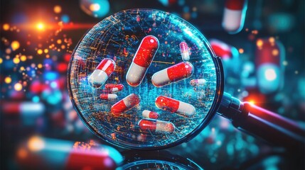 Researching pharmacology of tablet pills in a digital environment with magnifying glass