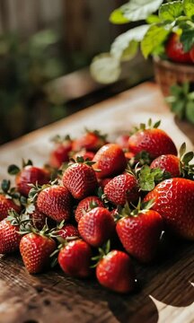 Fresh Ripe Strawberries Gathered on Rustic Wooden Surface