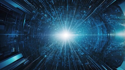 Obraz premium Futuristic glowing blue circular web interface with digital circuits, cyber elements radiating light and energy.