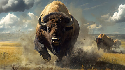 A powerful bison with fierce determination, charging forward amidst swirling dust clouds on an open prairie.

