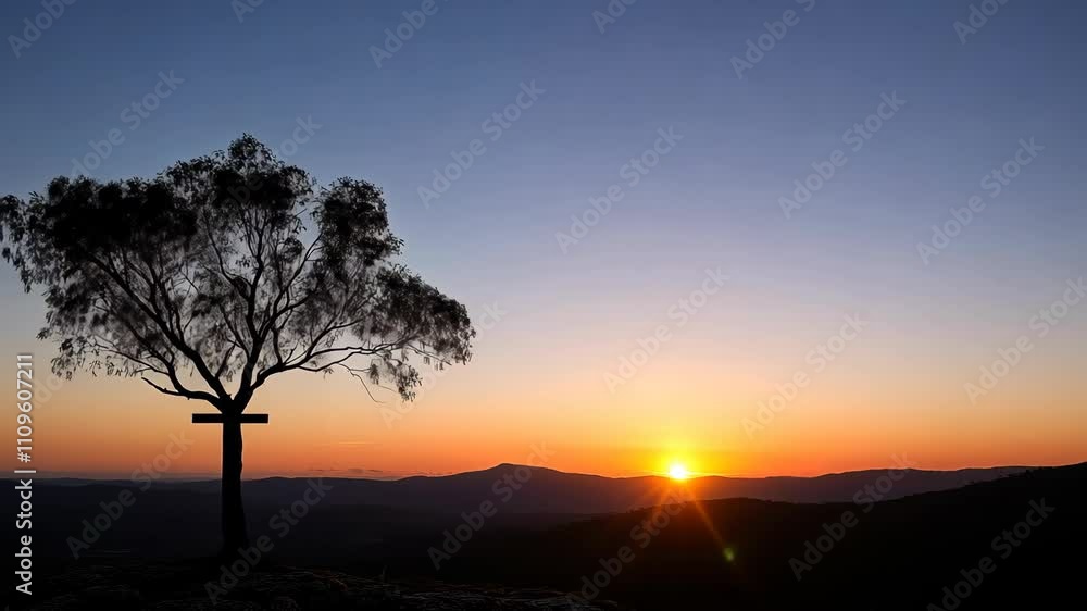 Poster sun setting behind mountains with a solitary tree silhouetted in the foreground, creating a tranquil