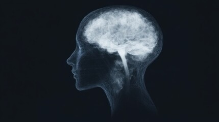 Obraz premium Intricate X-ray Representation of a Human Head with a Transparent Brain Highlighting Neural Pathways and Cognitive Functions for Scientific and Medical Use