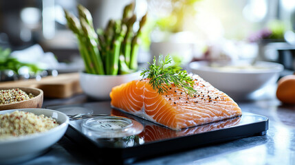 Fresh salmon fillet on digital kitchen scale, surrounded by asparagus, quinoa, and other ingredients, showcasing healthy meal preparation